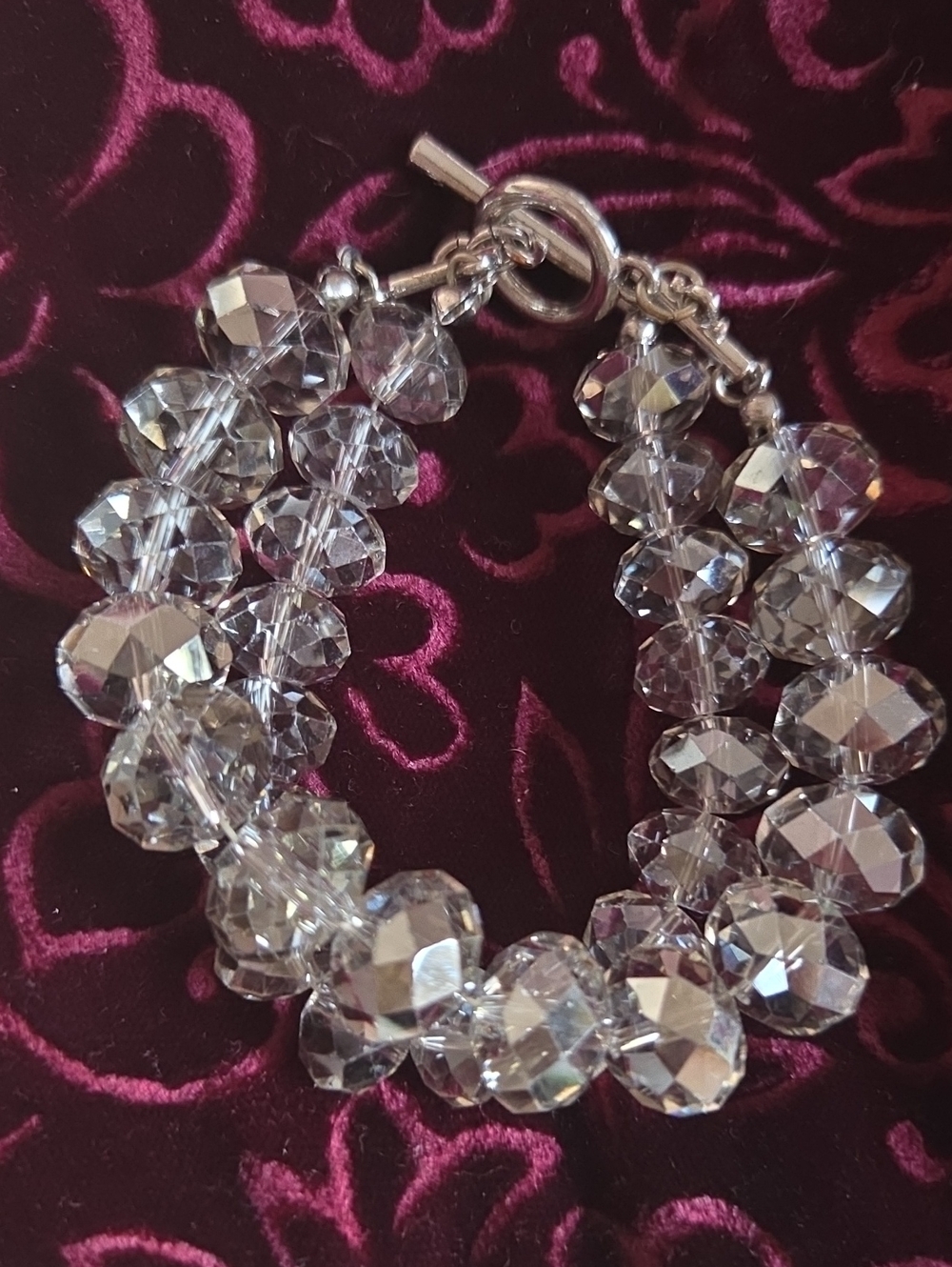 Crystal Faceted Double Row Bracelet - Clear Silver Tone